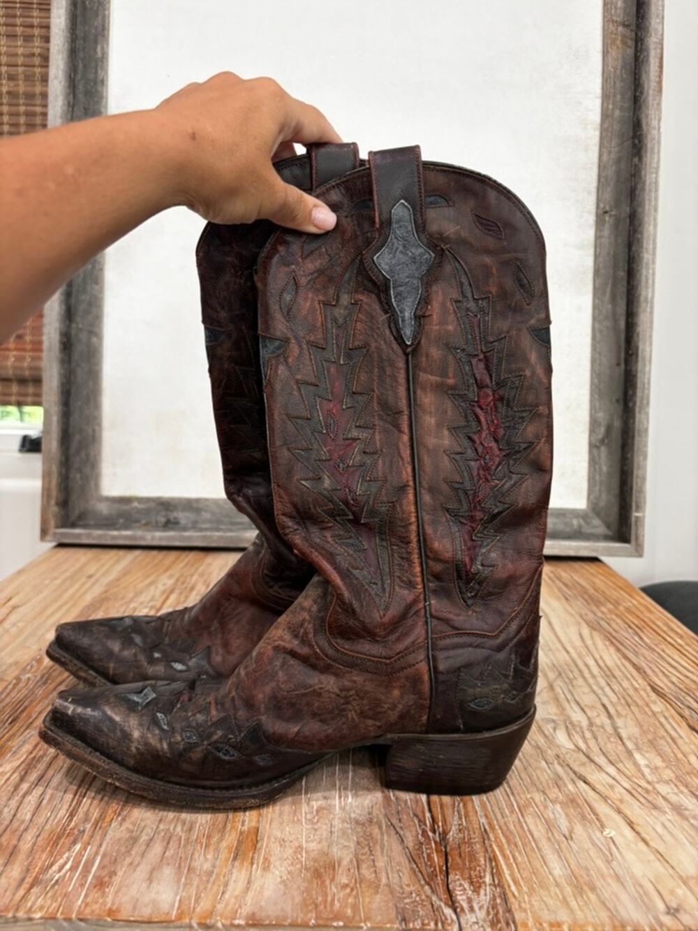 Dan Post Women’s 7 M Brown Leather Cowboy Boots Black Red Inlay DP3620